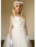 Beaded Ivory Lace Tulle Ankle Length Flower Girl Dress